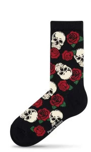 Perri's PSE119-001-O-M White Skulls Red Roses Crew Black Skarpety